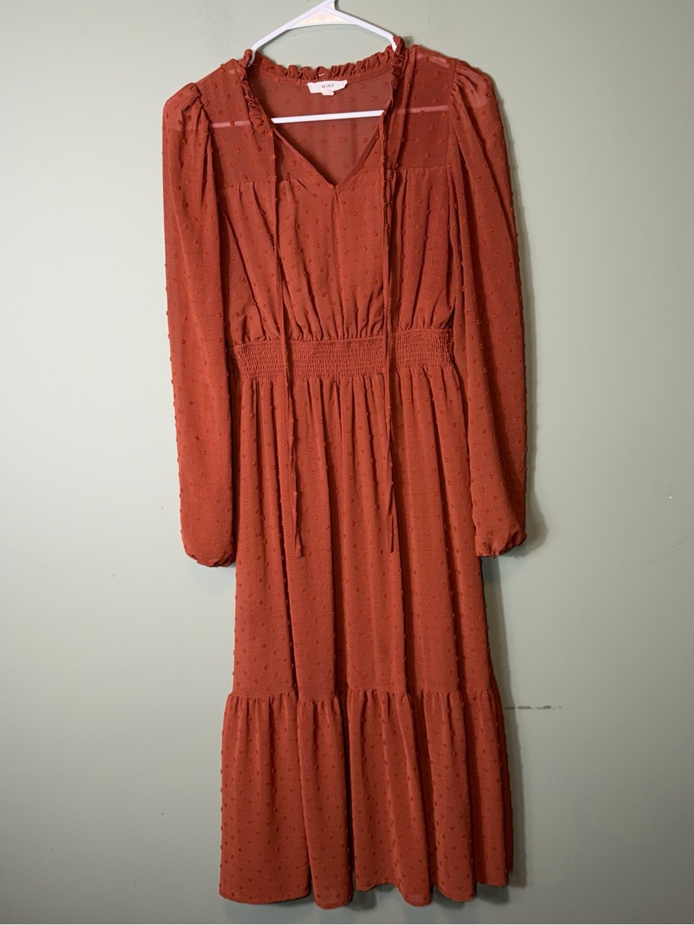 mine Rust Long Sleeve Midi Dress with Swiss Dot Texture